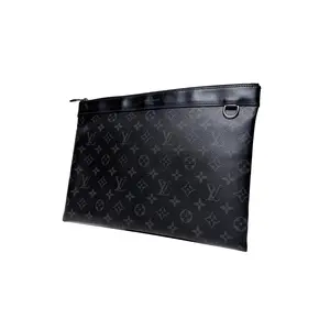 Authentic Monogram Eclipse Discovery Pochette GM M62291 Black/Grey Clutch Bag with Cowhide Trim & Top Zip Closure