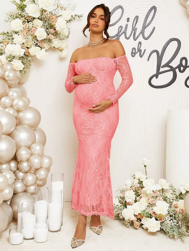 Lace Pink Long Dresses For Baby Shower Light Pink Long Lace Maternity Dress,  Maternity Gown, Pregnancy