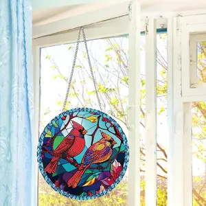 1pc DIY Diamond Painting Wall Hanging Decoration with Chain, Diy Decorative, Birds Pattern Acryl Crystal Rhinestone Christmas Diamond Art Ornaments for Window and Door, Suitable for Home Garden Christmas New Year Decor, Xmas Gifts for Friends and Family
