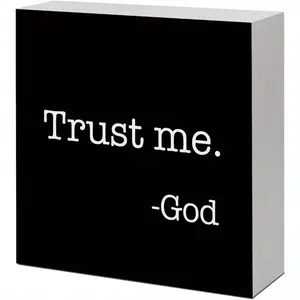 Black Trust Me God Wooden Sign Desk Decor, Inspirational Christian Wood Block Sign Desk Decorations for Christian Home Bedroom Girls Room Office Shelf Table Decor 5x5 inch