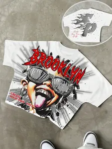 BROOKLYN Cartoon Children's Loose T-shirt Graphic Printed Men's and Women's Short Sleeves, Hip Hop Style Bat Sleeve Loose Edition Shirt Men's T-shirt, European and American Street Fashion Trendy Brand Casual Short Sleeves Men's Y2K Style