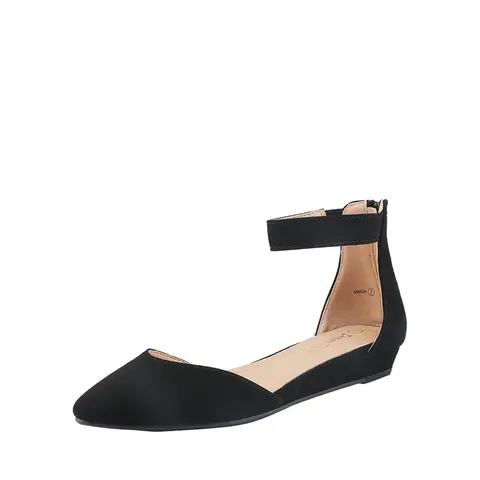 Dream Pairs Women's Pointed Toe Ankle Strap Lightweight Espadrille Flats - 1in Low Wedge Heel, Cushioned Footbed, Zip Closure, TPR Rubber Sole Grips, Grounded Walk, Navy PU/Nude Nubuck, Casual Fashionable Footwear, Walking Shoes for Work/Weekends