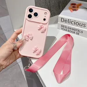 Suitable for iPhone 17/17 Pro Max/17Air/16/15/14/13/12/11 series, pink bow strap phone case, equipped with detachable strap crossbody bag, phone case with strap, women's phone strap, Cover, Accessories