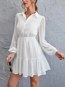 Rgothic Plus size women's clothing  Swiss Dot Chiffon A Line Mini Dress Half Button See Thru Long Sleeve a-line midi dress ,Half Button Swiss Dot Chiffon Dress for Daily flowy  chiffon  dress plus valentines day outfits