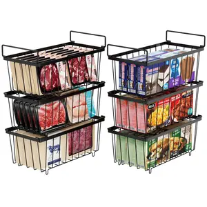 6 Pack Freezer Storage Bins - Stackable Deep Freezer Organizer Bins for Most 7 Cu.FT Chest Freezer Sort and Organizer Frozen Meat Food Ice Cream , Wire Basket with Handles Easy to Get Food from Bottom, Rectangular Kitchen Containers for Utensils, Black