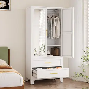 Metal Armoire Wardrobe Closet with 2 Drawers, 71" Wardrobe Cabinet with Adjustable Shelves and Hanging Rod, Clothing Storage Cabinet Closet with Mirror for Bedroom-White