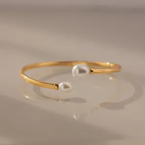 Serenity Pearl Cuff Bracelet by Caitlyn Minimalist - Adjustable Pearl Bangle Bracelet in Gold & Silver - Bridal Jewelry - Gift for Wife