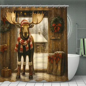 1PC Winter Moose Lodge Cozy Style with Snow Design, Bathroom Decor with Brown and White Design, Suitable for Holiday Home Accessories, Christmas Decoration.