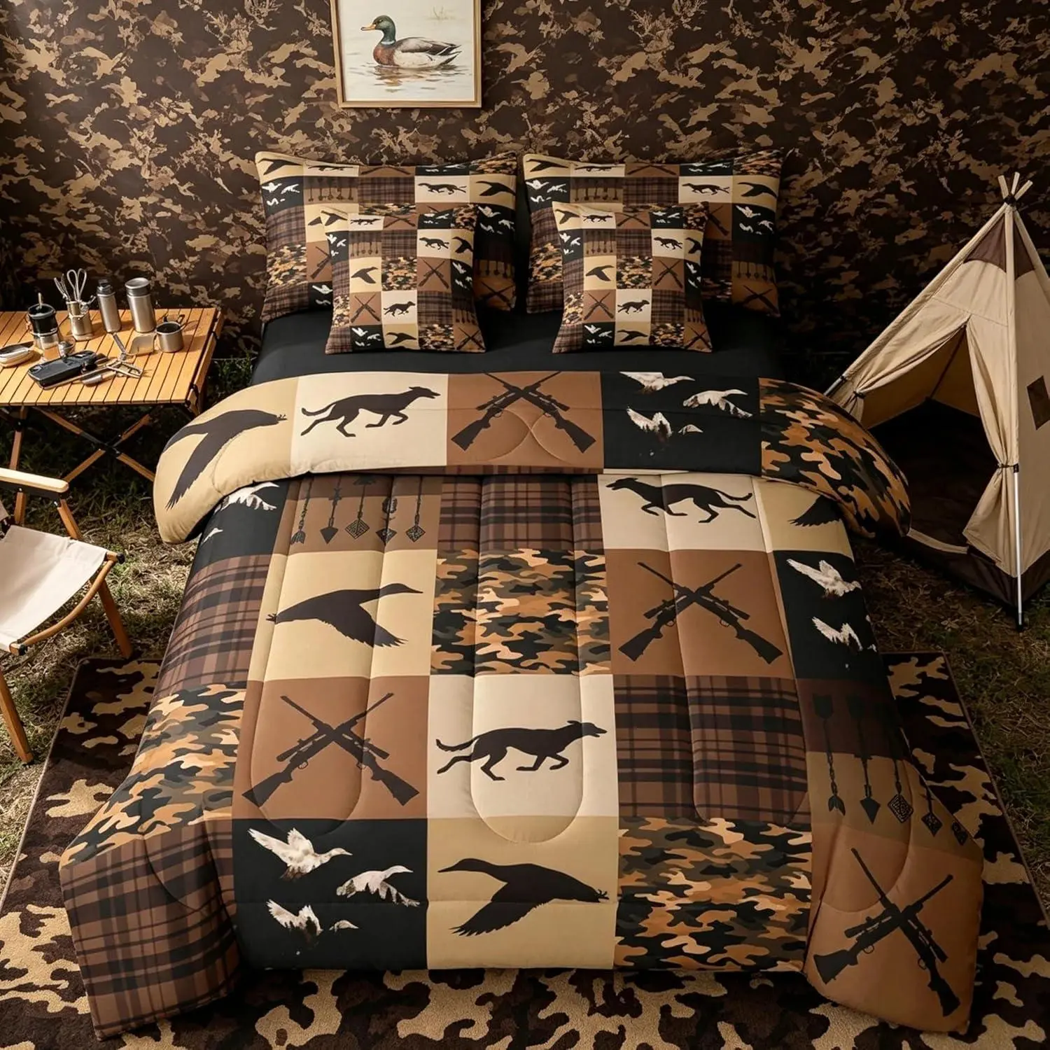 Mallard Duck Comforter Set with Sheets Camo Hunting 7 Pieces Bedding Set Hunting Wild Animal Bed in a Bag Brown Camoufalge Room Decor Cabin Lodge Soft All Season