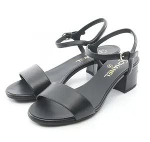 Pre-owned CHANEL Logo heel Sandals Leather Black