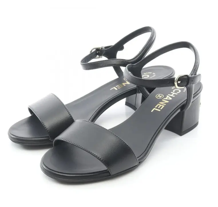 Pre-owned CHANEL Logo heel Sandals Leather Black
