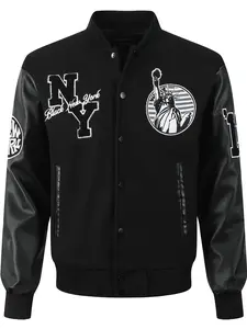 Men's Baseball Jacket Casual Fashion Aesthetic Black High-End Embroidered Button-Up PU Long Sleeve College Style Streetwear Sportswear Embroidery