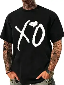 Men's Casual Sporty Short Sleeve Shirt, Xo & Heart Print, Comfortable Round Neck Tee for Outdoor Gym Shopping, Athletic Sports Clothing, Trendy Versatile Men's Clothing