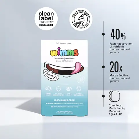 Immunotec Wimms Smart Chews Children's Immune Wellness Supplement - Sugar-Free, Dairy-Free, Nano-Emulsified O3, Brain Health Supplement, Brain Booster, Focus Support, Multivitamins, Chewable Format Fits Busy Mornings