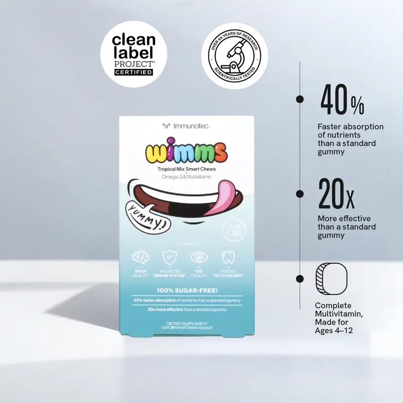 Immunotec Wimms Smart Chews Children's Immune Wellness Supplement - Sugar-Free, Dairy-Free, Nano-Emulsified O3, Brain Health Supplement, Brain Booster, Focus Support, Multivitamins, Chewable Format Fits Busy Mornings