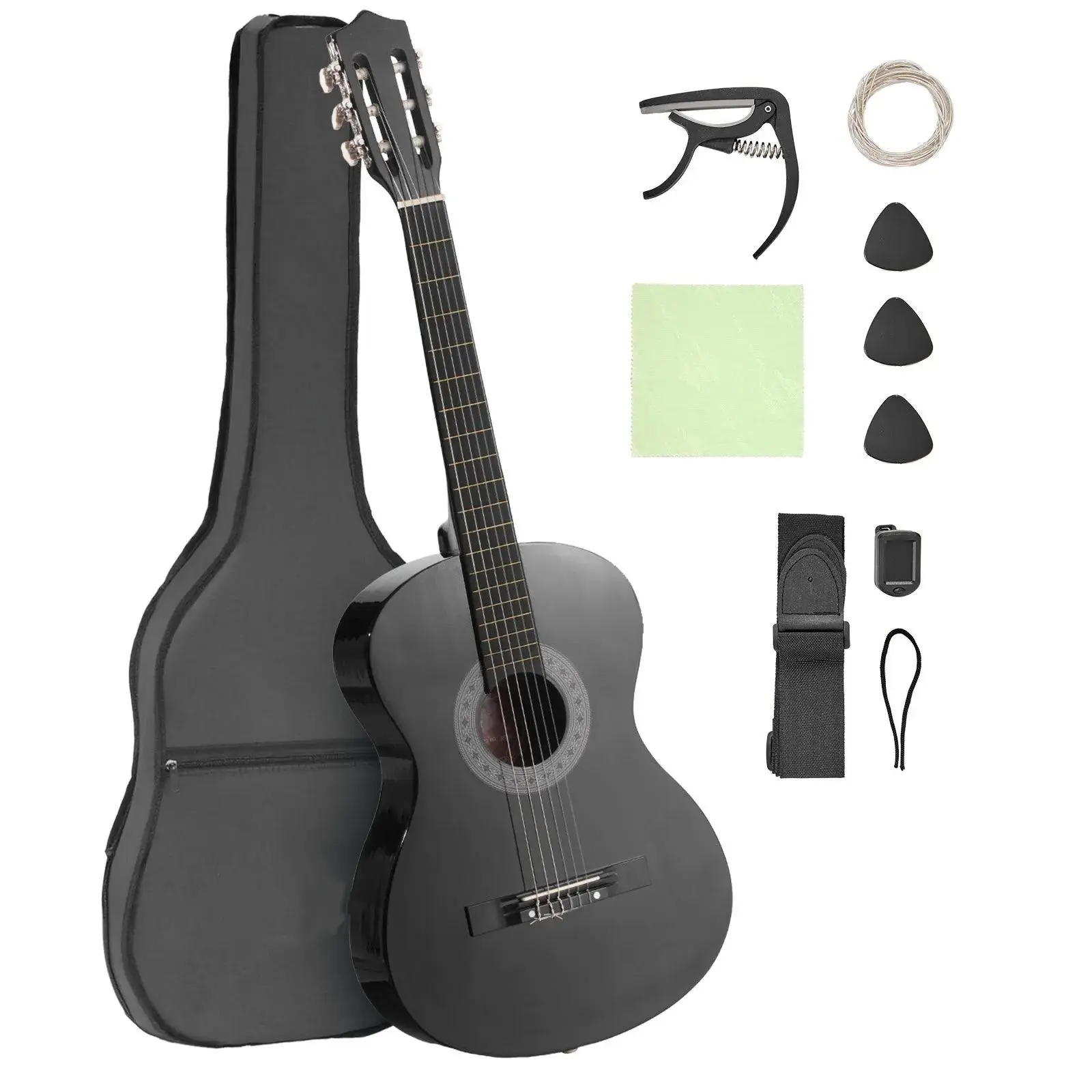 Classical Guitar – 30/36/38 Inch Wood Starter Kit for Beginners with Nylon Strings, Gig Bag, Strap, Tuner, Extra Strings, Picks & Capo. Complete Bundle. For Kids, Girls, Boys & Students