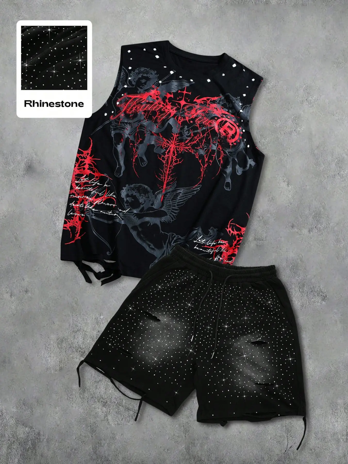 Men's two-piece set: an aesthetic street-style streetwear American dark angel graphic print distressed sleeveless vest and a pair of distressed drawstring shorts adorned with rhinestones, perfect for summer wear.