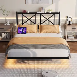 Full Size Floating Bed Frame with Headboard and Storage, Platform Bed Frame with USB Charging Station and LED Lights, Heavy Duty Steel Slats, Easy Assembly, Black, for Bedroom, No Box Spring Needed, Bedroom Furniture for Bedroom, Guest Room
