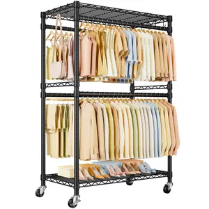 ULIFHOME P4 Plus Rolling Clothes Rack Heavy Duty, Clothing Racks for Hanging Clothes, Free Standing Garment Racks with Wheels, Portable Closet Rack 45''W × 20.5''D × 80.5''H, Max Load 570 Lbs, Black