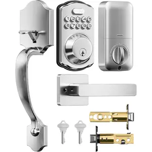 TK001H Keyless Entry Door Lock with Handle Set,  Deadbolt Keypad Door Lock with Code,  Locks for Front Door, Exterior Door Handle, Auto-Lock, Easy to Install, Satin Nickel