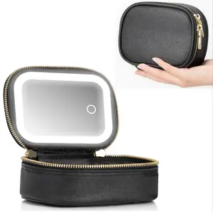 Mini Travel Makeup Bag (with LED High-Definition Mirror Fill Light) | Portable Cosmetic Organizer Box (Touch Dimming, 2000mAh Type-C Rechargeable) - Elegant for Personal Use & Gifting Makeup Storage Bag