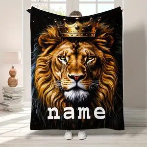Custom Name Lion Blanket - Lightweight Flannel Home Goods Bedding Blanket Suitable for Sofa Bed Travel Camping Living Room Office Sofa Chair and Bed - Soft and Warm Flannel Fabric Digital Printed Blanket