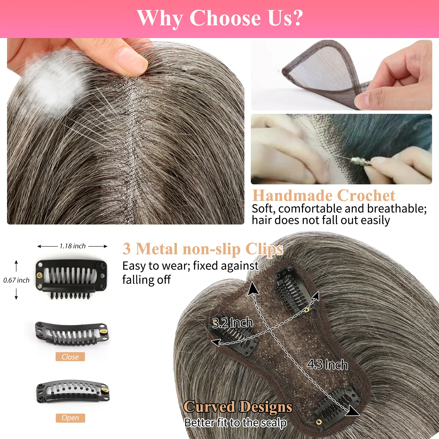 Human Hair Topper 10 Inch Silk Base Clip-in Hairpiece for Thinning Hair Vasilia Hair Toppers for Women Real Human Hair 10inch  main image 2