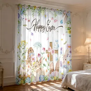 2-piece watercolor flower rabbit curtain Easter egg cross print semi-blackout curtains kitchen restaurant decoration light-blocking curtains Filter translucent curtains