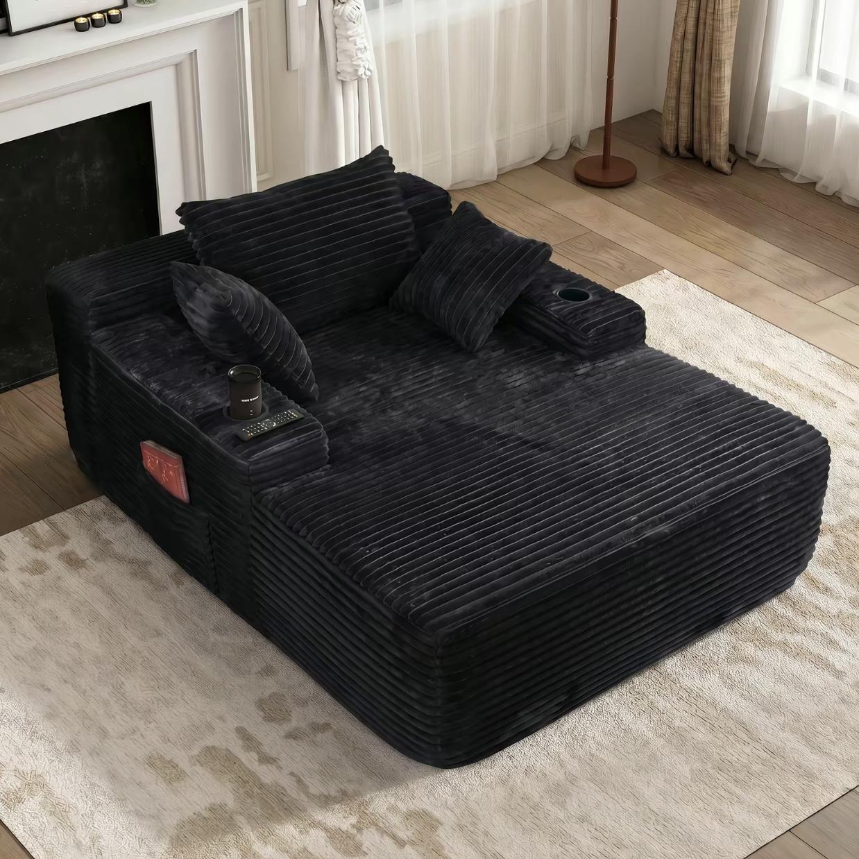 Beige Corduroy Fluffy Minimalist Oversized Boneless Cloud Modular Sectional Sofa - Fixed Arms, High-Density Foam, Built-in Storage, Cup Holder, Side Pockets, Tool-Free Setup, Included Pillows, Comfy Bean-Bag Feel, Apartment Use