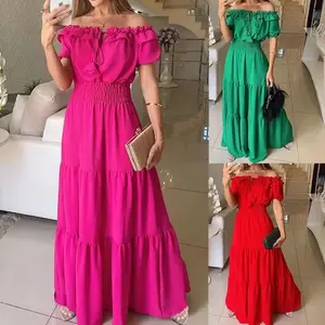 Solid Color Lotus Lace-up Leaf Tube Top Puff Sleeve Large Swing Dress Womenswear Shortsleeve