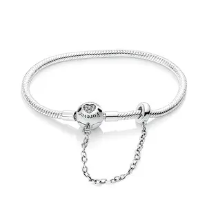 MULA 925 Sterling Silver Heart Clasp Snake Chain Bracelet with Security Chain – “Forever” Engraved Pavé-Set Cubic Zirconia Pendant Bracelet, Compatible with Pandora Beads and Charms