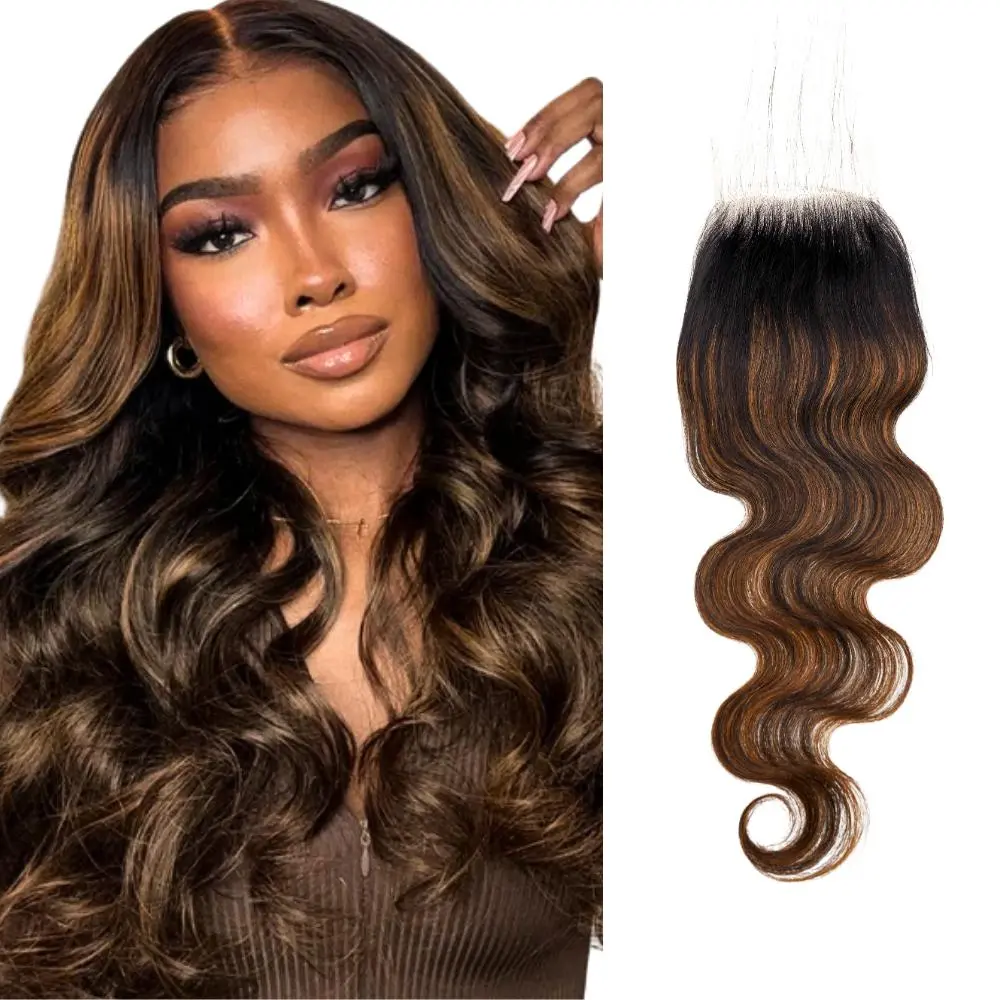 Brown Highlights 4x4 HD Lace Closure TF1B/30 Remy Hair 100% Human Hair 15A Body Wave Straight Pre Plucked Baby Hair Cuticle Aligned Invisible Ombre Black & Brown Highlights
