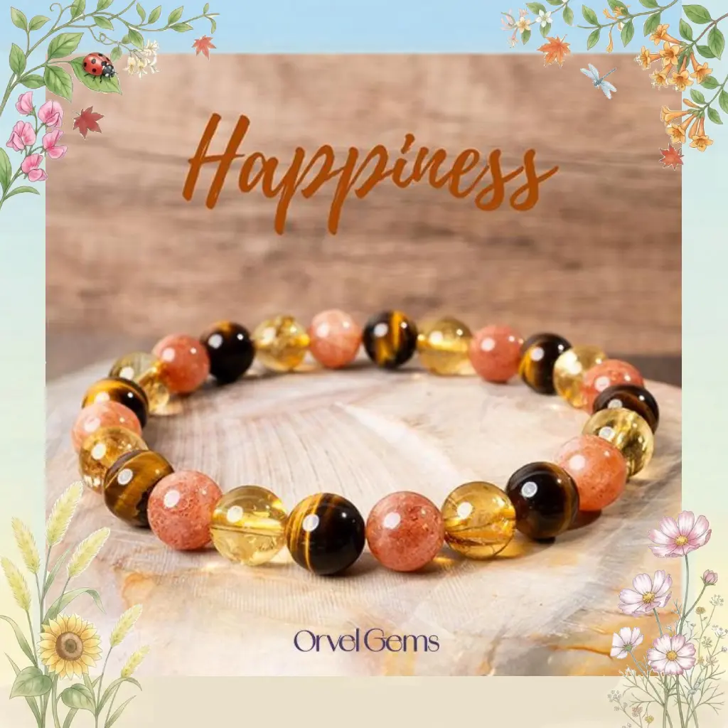 Happiness Healing Crystal Bracelet  | 8mm Sunstone, Citrine, Tiger's Eye, Rose Quartz, Lapis Lazuli Beads | Crystal Jewelry for Joy, Harmony, and Prosperity B018 Perfect for Men, Women, Couples, and Friends | Ideal for Daily Wear, Meditation, Gift