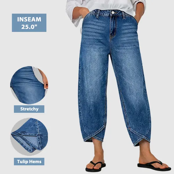 Flamingals Wash Tulip Hem High Rise Straight Leg Crop Jeans Womenswear Stretchy 25.2" Inseam