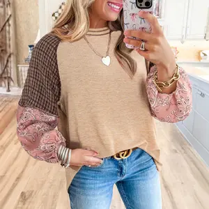 Jet Stream Mixed Print Raglan Sleeve Ribbed Knit Patchwork Blouse