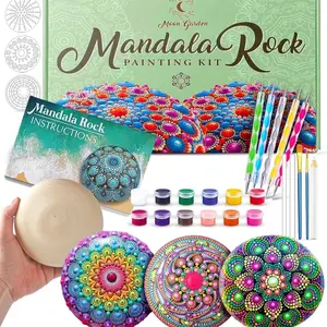 Mandala Rock Painting Kit for Adults & Kids – Dotting Tools, Stencils, Paints & Wooden Rocks