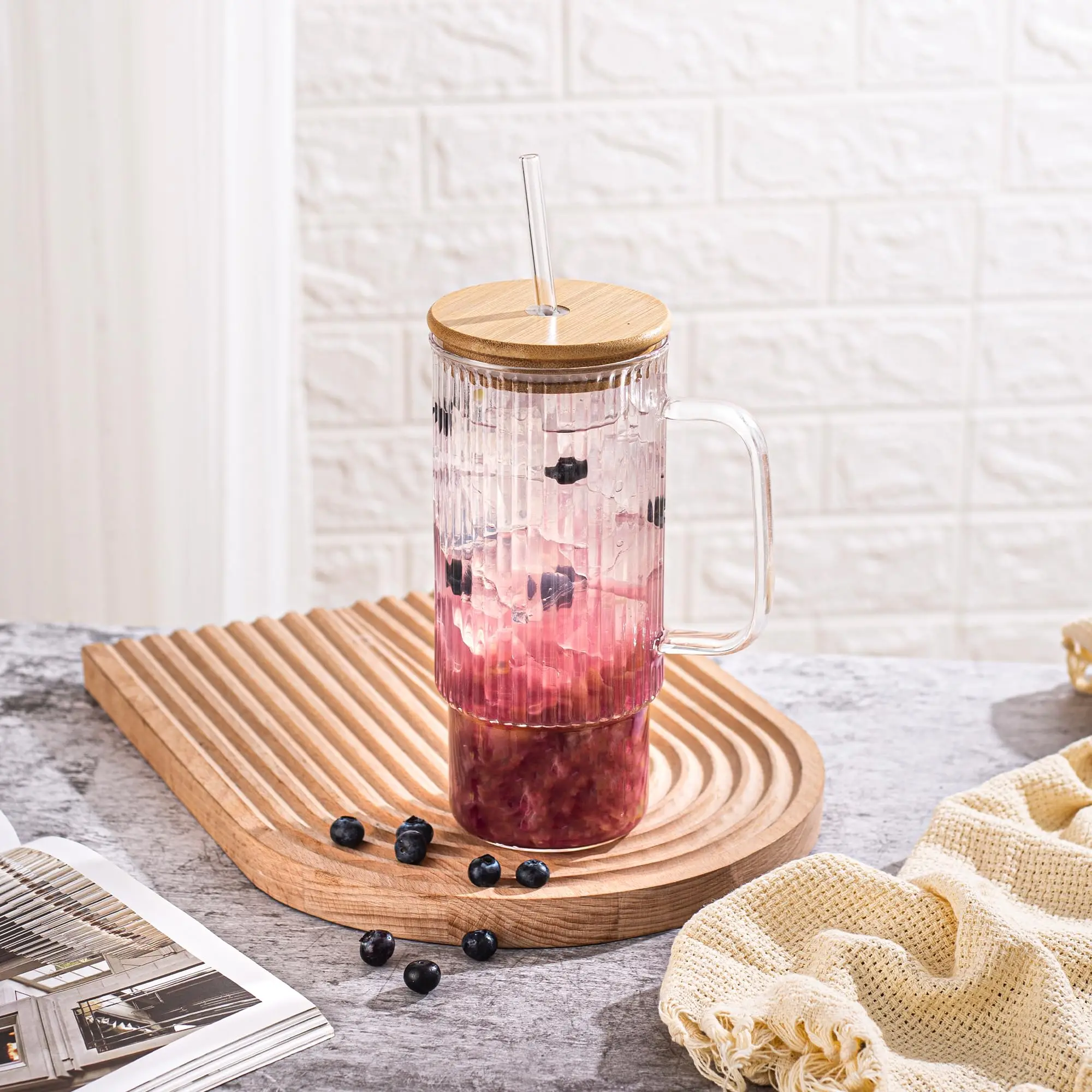 32oz Ribbed Glass Cup with Handle Bamboo & Glass Lid with Straw, Glass Tumbler, Iced Coffee Cups Hot/Cold Drinks, Bottles Home, Drinkware