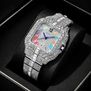 Men’s Iced Out Silver Watch 42mm Square Face Bling Hip Hop Style Diamond Look Waterproof Quartz Stainless Steel Band Luxury Streetwear Watch for Men Gift