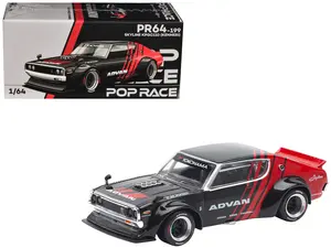 Skyline KPGC110 "Kenmeri" RHD (Right Hand Drive) "ADVAN" Black and Red 1/64 Die Cast Model Car by Pop Race