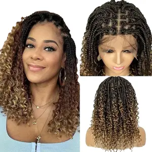 Short Bohemian Box Braids Braided Wig Crochet Braids Hair Full Lace Boho Braided Wigs Synthetic Curly Hair with Baby Hair for Black Women Daily Christmas Party Use