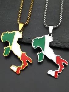 Italy Map Flag Pendant Necklace Daily Wear Necklace Men Women Gold Silver Color Stainless Steel Ethnic Nation Country Chain Patriotic Jewelry Gift