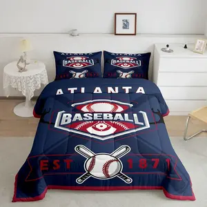 Feelyou Boys' Baseball Theme Bedding Set - Atlanta-Themed Comforter with Duvet Insert, Blue-Black-Red Colors, Baseball Bat Design