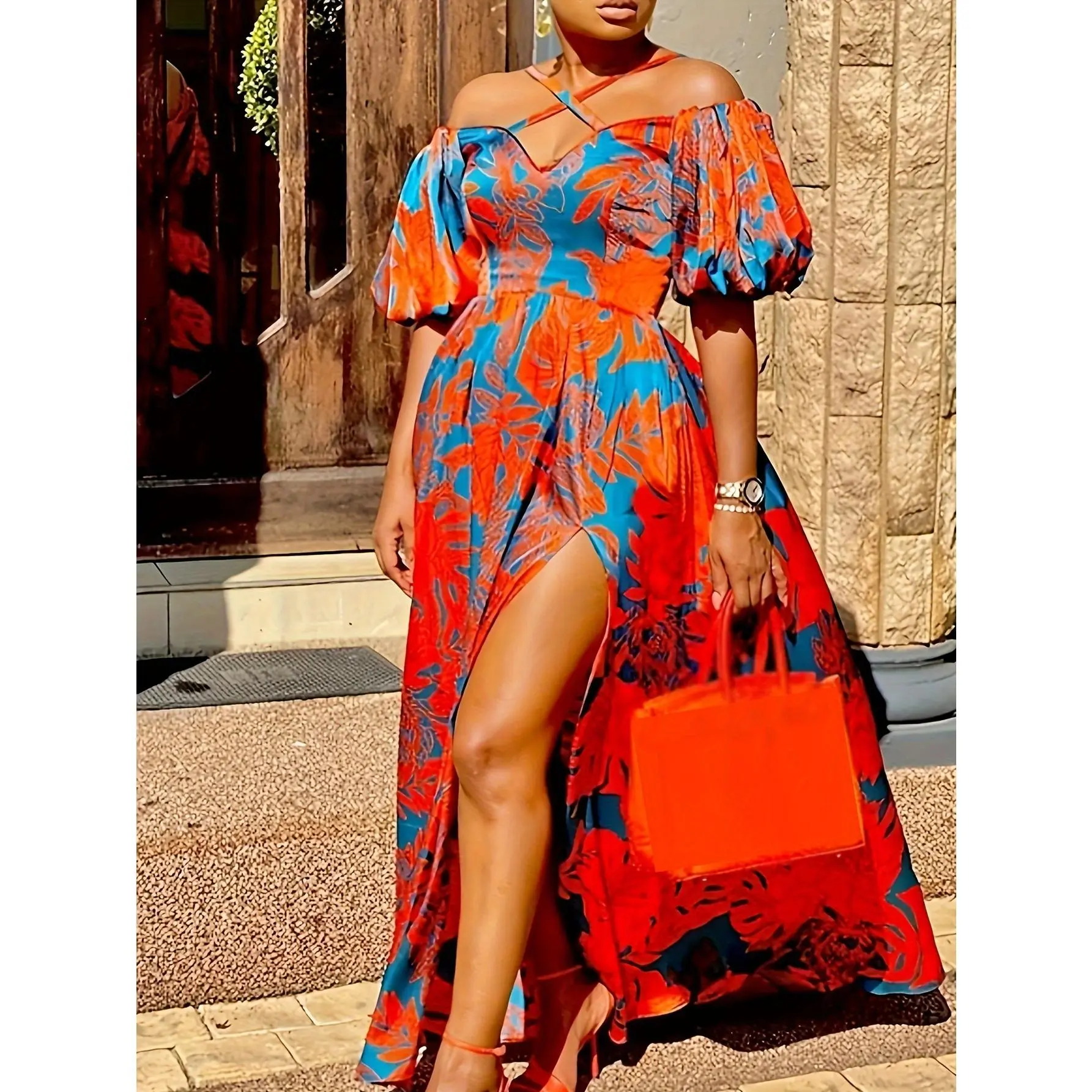 Plus Size Tropical Print Criss Cross Neck Flowy Dress - Plus Size Dresses for Spring & Summer, Vacation Style Puff Sleeve Split Hem, Women's Clothing for Curvy Figures
