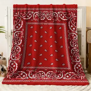 Red Bandana Print Flannel Blanket, Soft Cozy Warm Throw Blanket with Paisley Pattern, Decorative Blanket for Bed Couch Sofa Living Room Bedroom, All - Season Use