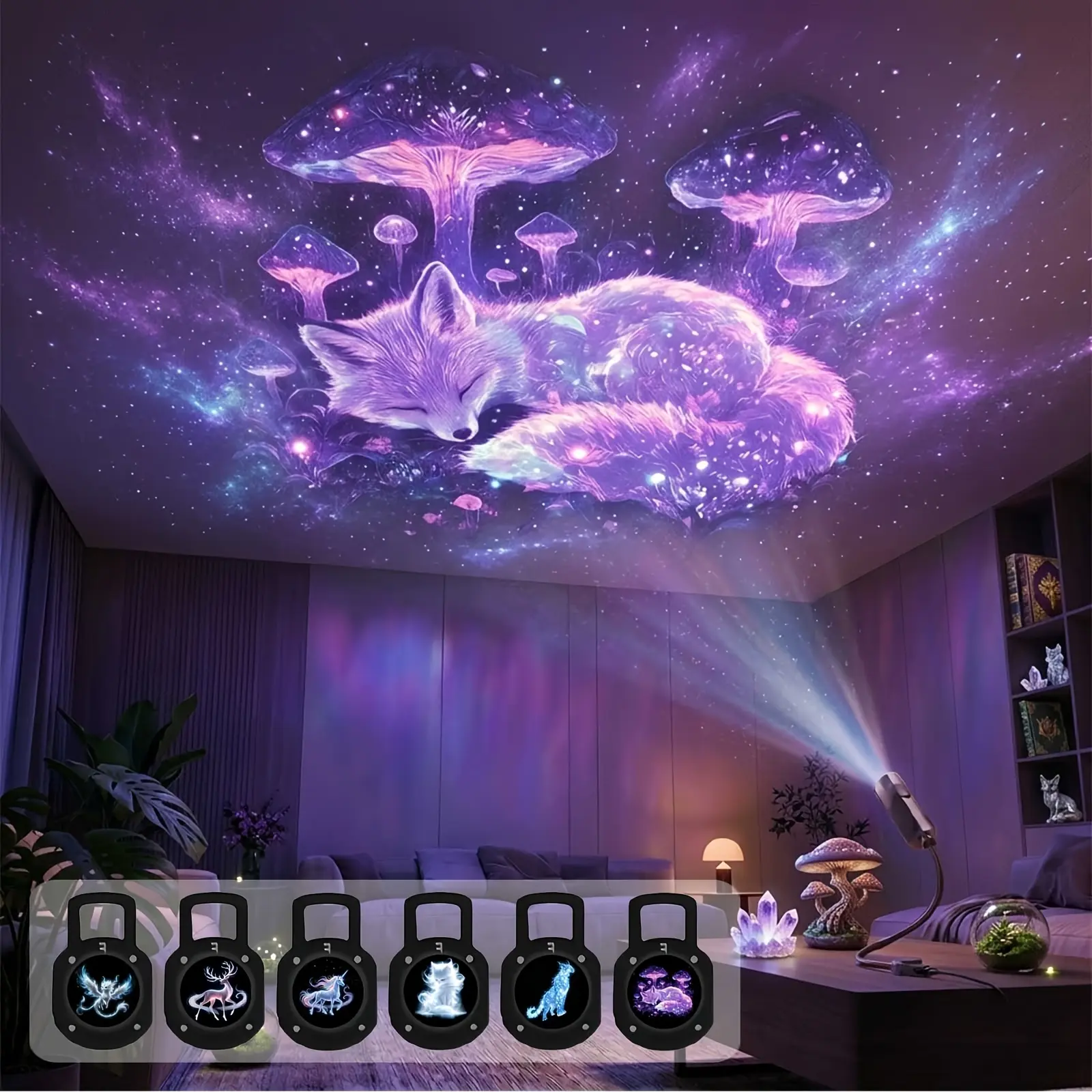 Dreamlike Creature Projector Light - Low Voltage Novelty Lighting for Ceiling-Wall Decoration, with Multiple Interchangeable Image Slides (Unicorn, Deer, Fox, Cat)