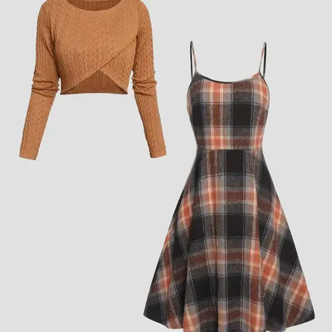 Women's Solid Wrap Hem Round Neck Textured Long Sleeve Crop Top & Plaid Print A-Line Dress Set, Preppy Fashion Cozy Stretchy Casual Chic Outfit for School, Daily & Casual Wear, Women's Clothing for Spring & Fall, Casual Lightweight Dress