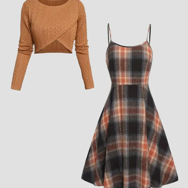 Women's Solid Wrap Hem Round Neck Textured Long Sleeve Crop Top & Plaid Print A-Line Dress Set, Preppy Fashion Cozy Stretchy Casual Chic Outfit for School, Daily & Casual Wear, Women's Clothing for Spring & Fall, Casual Lightweight Dress