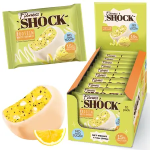 FitnesSHOCK Protein Brownie – Lemon Poppy White Chocolate – Low Sugar Dessert Snack (2g Total Sugar, No Added Sugar) – Healthy Snack – 10 Count