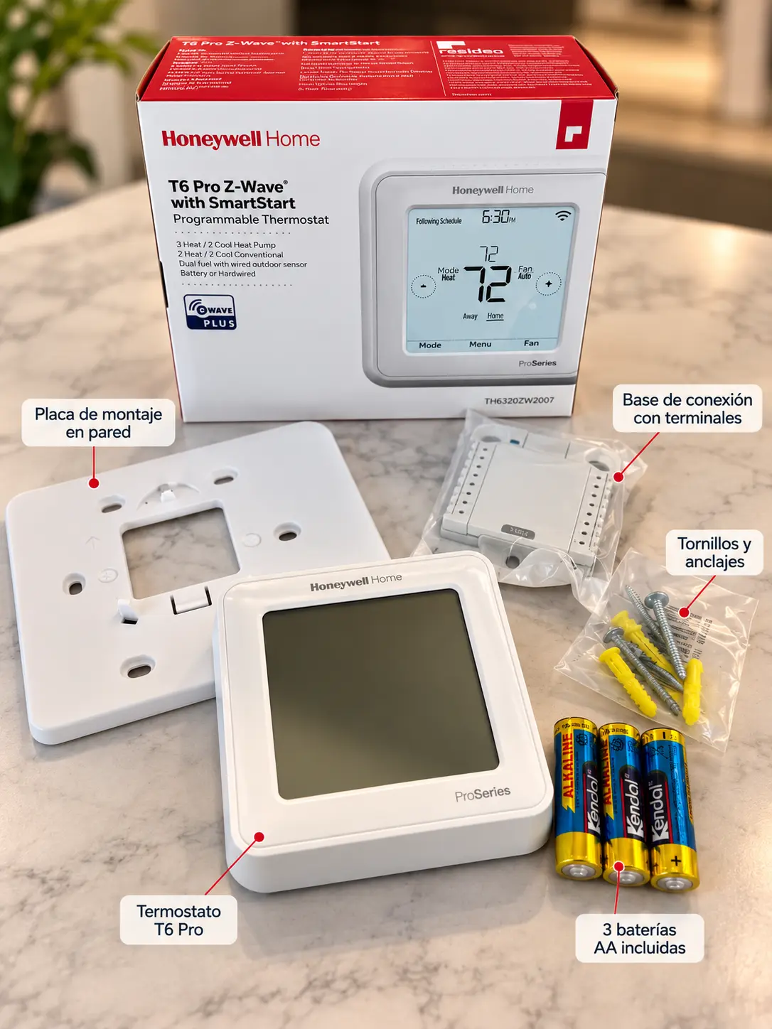 Honeywell Home TH6320ZW2007/U Z-Wave T6 Pro Programmable Touchscreen Thermostat, Low-Voltage, SmartStart, UWP Mounting System, Cover Plate, White