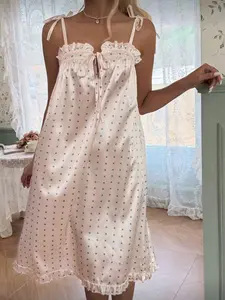 Women's Polka Dot Halter Nightdress, Sweet Ruffle Tie Sleepwear, French Vintage Outer Wear Home Dress, Elegant Loose-Fitting, Loungewear